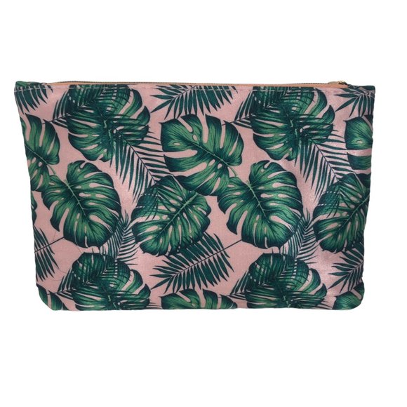Ipsy Green Leaves Plants Pink Zippered Bag w Charm Cosmetics Makeup Pouch Summer - Picture 3 of 4